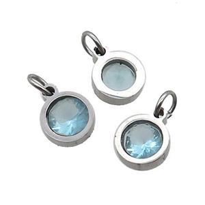 Raw Stainless Steel Pendant Pave Aqua Zircon Circle, approx 6mm