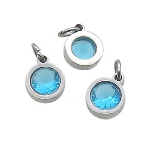 Raw Stainless Steel Pendant Pave Aqua Zircon Circle, approx 6mm