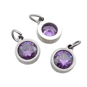 Raw Stainless Steel Pendant Pave Purple Zircon Circle, approx 6mm