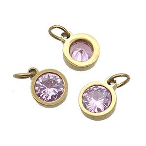 Stainless Steel Pendant Pave Pink Zircon Circle Gold Plated, approx 6mm