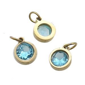 Stainless Steel Pendant Pave Aqua Zircon Circle Gold Plated, approx 6mm