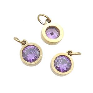 Stainless Steel Pendant Pave Purple Zircon Circle Gold Plated, approx 6mm