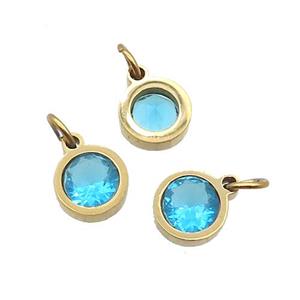 Stainless Steel Pendant Pave Aqua Zircon Circle Gold Plated, approx 6mm