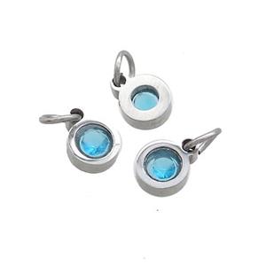 Raw Stainless Steel Circle Pendant Pave Aqua Zircon, approx 4mm