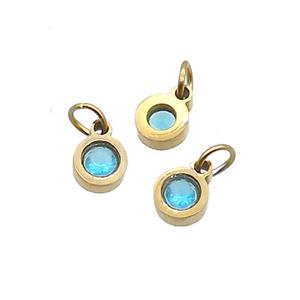 Stainless Steel Circle Pendant Pave Aqua Zircon Gold Plated, approx 5mm