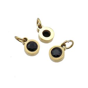 Stainless Steel Circle Pendant Pave Black Zircon Gold Plated, approx 4mm