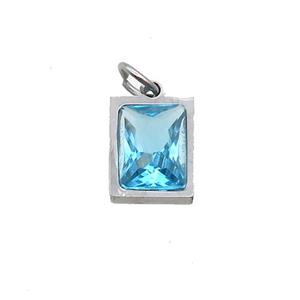 Raw Stainless Steel Rectangle Pendant Pave Aqua Zircon, approx 6x8mm