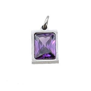 Raw Stainless Steel Rectangle Pendant Pave Purple Zircon, approx 6x8mm