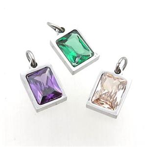 Raw Stainless Steel Rectangle Pendant Pave Zircon Mixed, approx 6x8mm