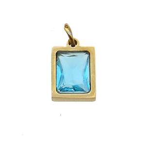 Stainless Steel Rectangle Pendant Pave Aqua Zircon Gold Plated, approx 6x8mm