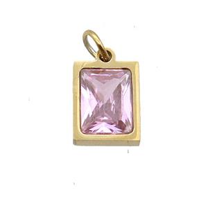 Stainless Steel Rectangle Pendant Pave Pink Zircon Gold Plated, approx 6x8mm