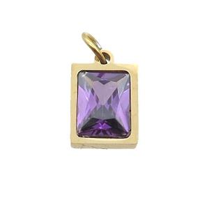 Stainless Steel Rectangle Pendant Pave Purple Zircon Gold Plated, approx 6x8mm