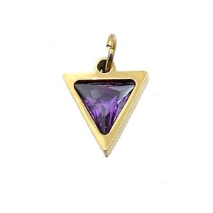 Stainless Steel Triangle Pendant Pave Purple Zircon Gold Plated, approx 6x6mm