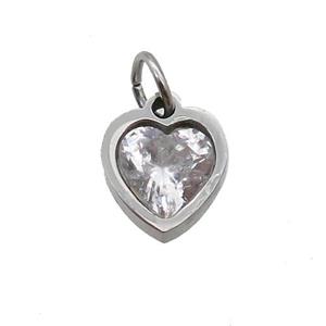 Raw Stainless Steel Heart Pendant Pave Clear Zircon, approx 6x6mm