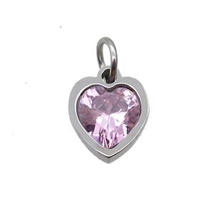 Raw Stainless Steel Heart Pendant Pave Pink Zircon, approx 6x6mm