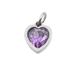 Raw Stainless Steel Heart Pendant Pave Purple Zircon, approx 6x6mm