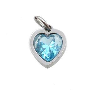 Raw Stainless Steel Heart Pendant Pave Aqua Zircon, approx 6x6mm