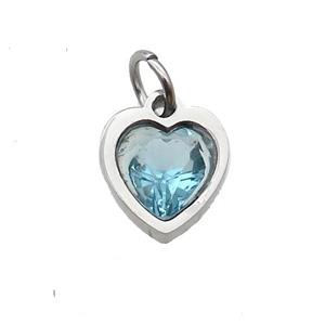 Raw Stainless Steel Heart Pendant Pave Aqua Zircon, approx 6x6mm