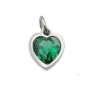 Raw Stainless Steel Heart Pendant Pave Green Zircon, approx 6x6mm