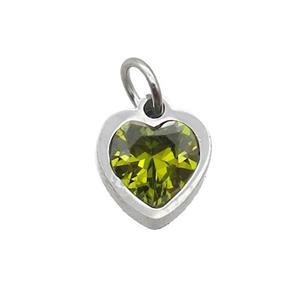 Raw Stainless Steel Heart Pendant Pave Olive Zircon, approx 6x6mm