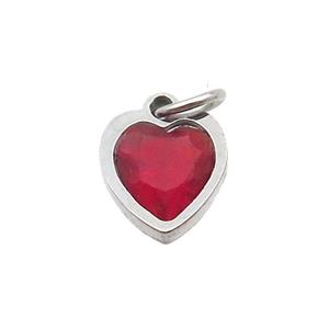 Raw Stainless Steel Heart Pendant Pave Red Zircon, approx 6x6mm