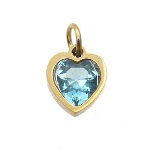 Stainless Steel Heart Pendant Pave Aqua Zircon Gold Plated, approx 6x6mm