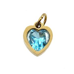 Stainless Steel Heart Pendant Pave Aqua Zircon Gold Plated, approx 6x6mm