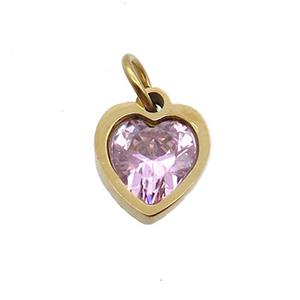 Stainless Steel Heart Pendant Pave Pink Zircon Gold Plated, approx 6x6mm