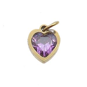 Stainless Steel Heart Pendant Pave Purple Zircon Gold Plated, approx 6x6mm