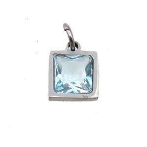 Raw Stainless Steel Square Pendant Pave Blue Zircon, approx 6x6mm