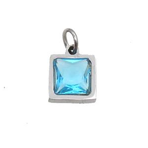 Raw Stainless Steel Square Pendant Pave Aqua Zircon, approx 6x6mm