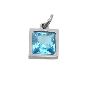 Raw Stainless Steel Square Pendant Pave Aqua Zircon, approx 6x6mm