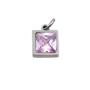 Raw Stainless Steel Square Pendant Pave Pink Zircon, approx 6x6mm