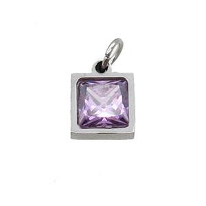 Raw Stainless Steel Square Pendant Pave Purple Zircon, approx 6x6mm
