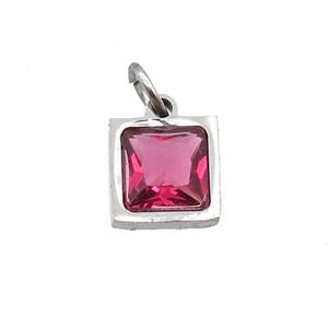 Raw Stainless Steel Square Pendant Pave Red Zircon, approx 6x6mm