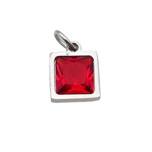 Raw Stainless Steel Square Pendant Pave Red Zircon, approx 6x6mm