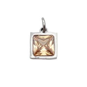 Raw Stainless Steel Square Pendant Pave Champagne Zircon, approx 6x6mm