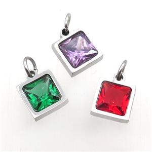Raw Stainless Steel Square Pendant Pave Zircon Mixed, approx 6x6mm