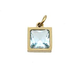 Stainless Steel Square Pendant Pave Aqua Zircon Gold Plated, approx 6x6mm
