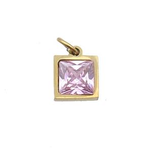 Stainless Steel Square Pendant Pave Pink Zircon Gold Plated, approx 6x6mm