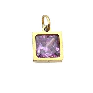 Stainless Steel Square Pendant Pave Purple Zircon Gold Plated, approx 6x6mm
