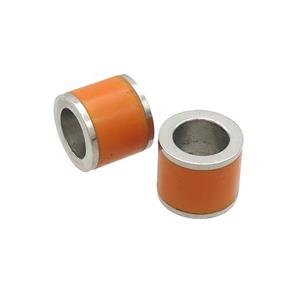 Raw Stainless Steel Column Beads Orange Enamel Large Hole, approx 11.5mm, 7mm hole