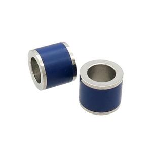 Raw Stainless Steel Column Beads Blue Enamel Large Hole, approx 11.5mm, 7mm hole
