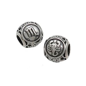 Stainless Steel Round Beads Zodiac Scorpio Antique Silver, approx 9-10mm, 4mm hole