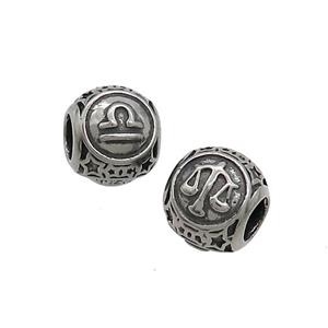 Stainless Steel Round Beads Zodiac Libra Antique Silver, approx 9-10mm, 4mm hole