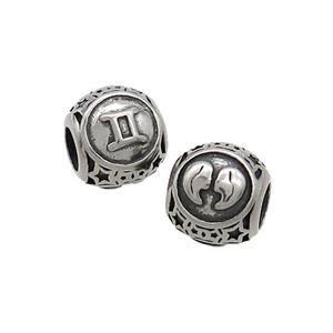 Stainless Steel Round Beads Zodiac Gemini Antique Silver, approx 9-10mm, 4mm hole