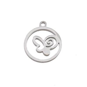 Raw Stainless Steel Butterfly Pendant Circle, approx 13mm