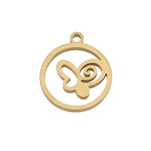 Stainless Steel Butterfly Pendant Circle Gold Plated, approx 13mm