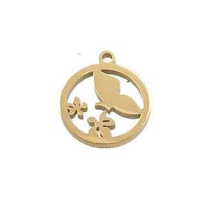 Stainless Steel Flower Pendant Circle Gold Plated, approx 13mm