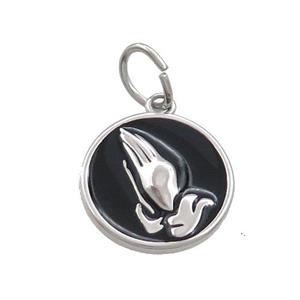 Raw Stainless Steel Praying Hands Charms Pendant Black Enamel, approx 16mm